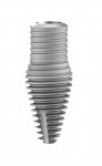 Fig 1. A “body shift” or inverted body implant design combines a wider tapered apical and narrower cylindrical coronal portion in a singular form. The wider apical portion provides higher primary stability where bone volume is greater and more vascular, and the narrower cylindrical coronal portion creates a bone chamber where a greater amount of graft material can be placed circumferentially around the implant to enhance
bone thickness at the crest.