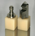 Figure 1  Ceramic mill blocks with CEREC (left) and E4D (right) milling mandrels.