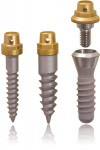Figure 1 Sterngold implants that can be placed with the “all-in-one” surgical kit, (left to
right) 2.2-mm mini, 3.25-mm narrow diameter, and the 4.1-mm standard-diameter IC
(also available in 3.3-mm diameter). The Micro ERA® is shown on the 2.2-mm and 3.25-
mm diameter implants and a regular ERA® is shown on the 4.1-mm diameter implant.